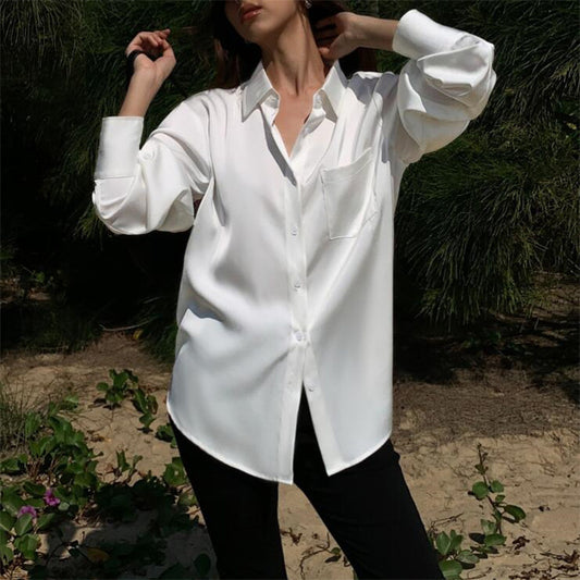 Blusa informal de manga larga con solapa de satén de color liso para mujer