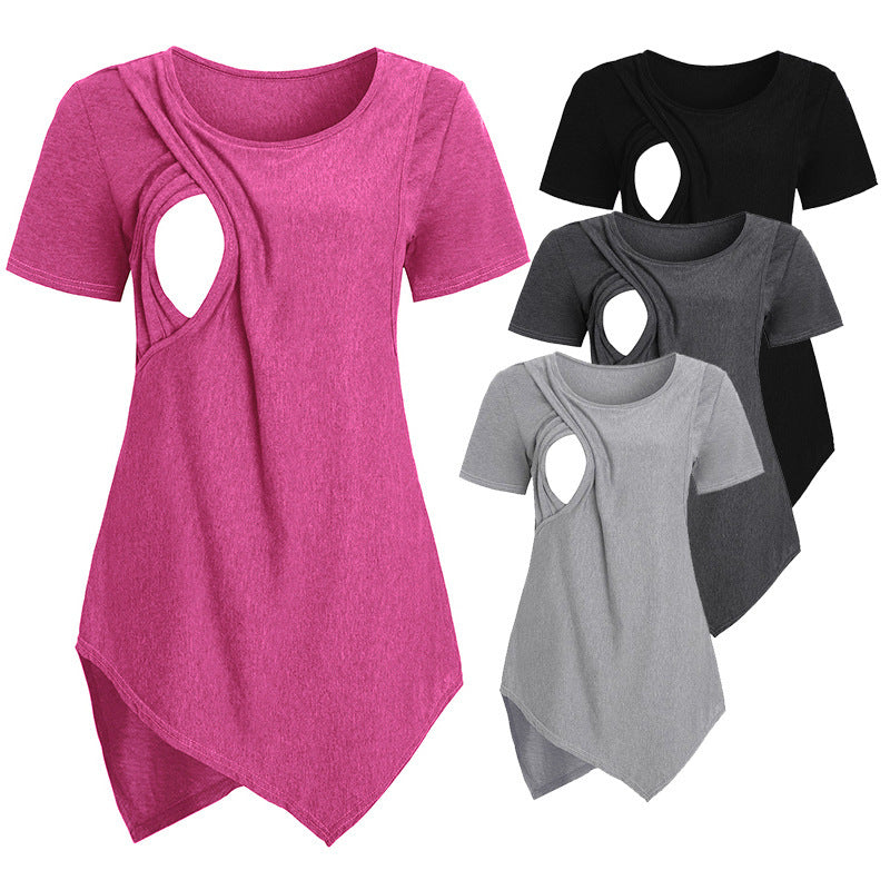 Camiseta de lactancia materna informal de manga corta con cuello redondo irregular para embarazadas