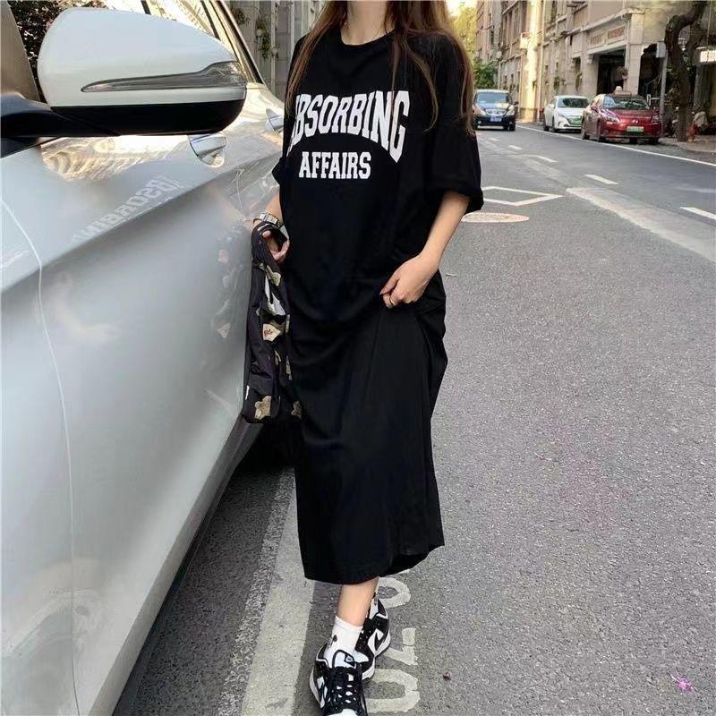 Women Casual Loose Crewneck Alphabet Print Maxi Dress