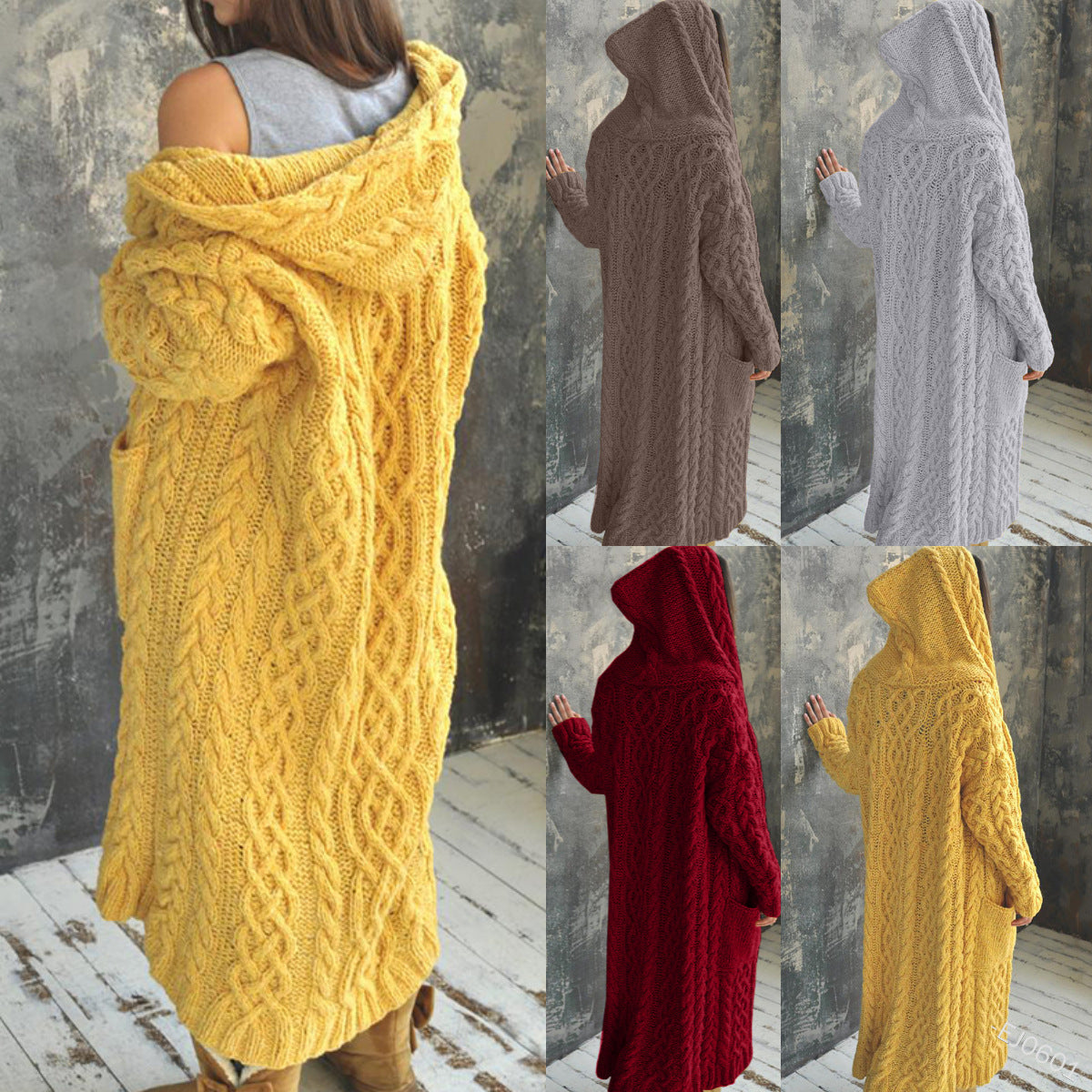 Women Casual Solid Color Long Sleeve Hooded Cardigan Knitted Sweater