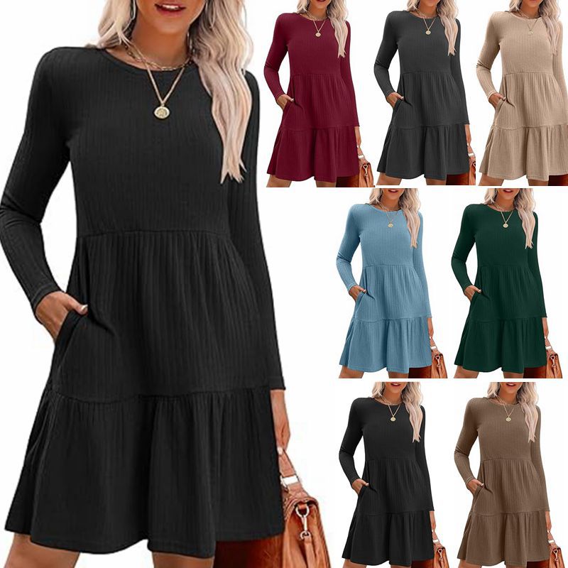 Women Crewneck Pocket Casual Knee Length Long Sleeve Knitted Dress