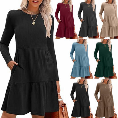 Women Crewneck Pocket Casual Knee Length Long Sleeve Knitted Dress