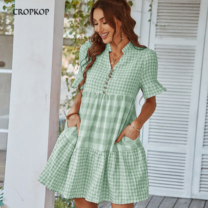 Vestido mini de verano para mujer, elegante, holgado, con volantes y cuello en V, manga corta, informal, con bloques de color
