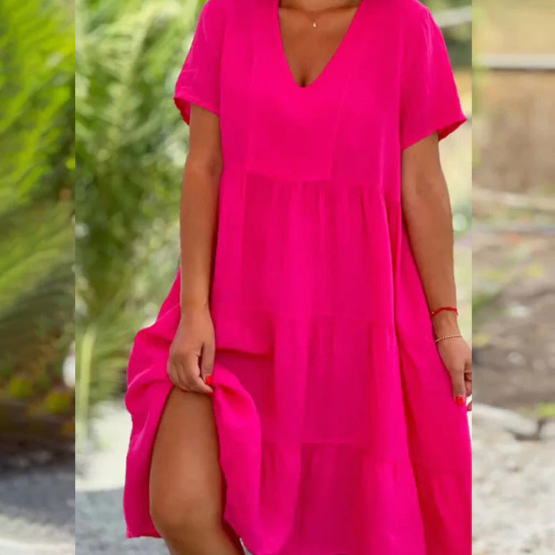 Vestido holgado informal de manga corta con cuello en V para mujer