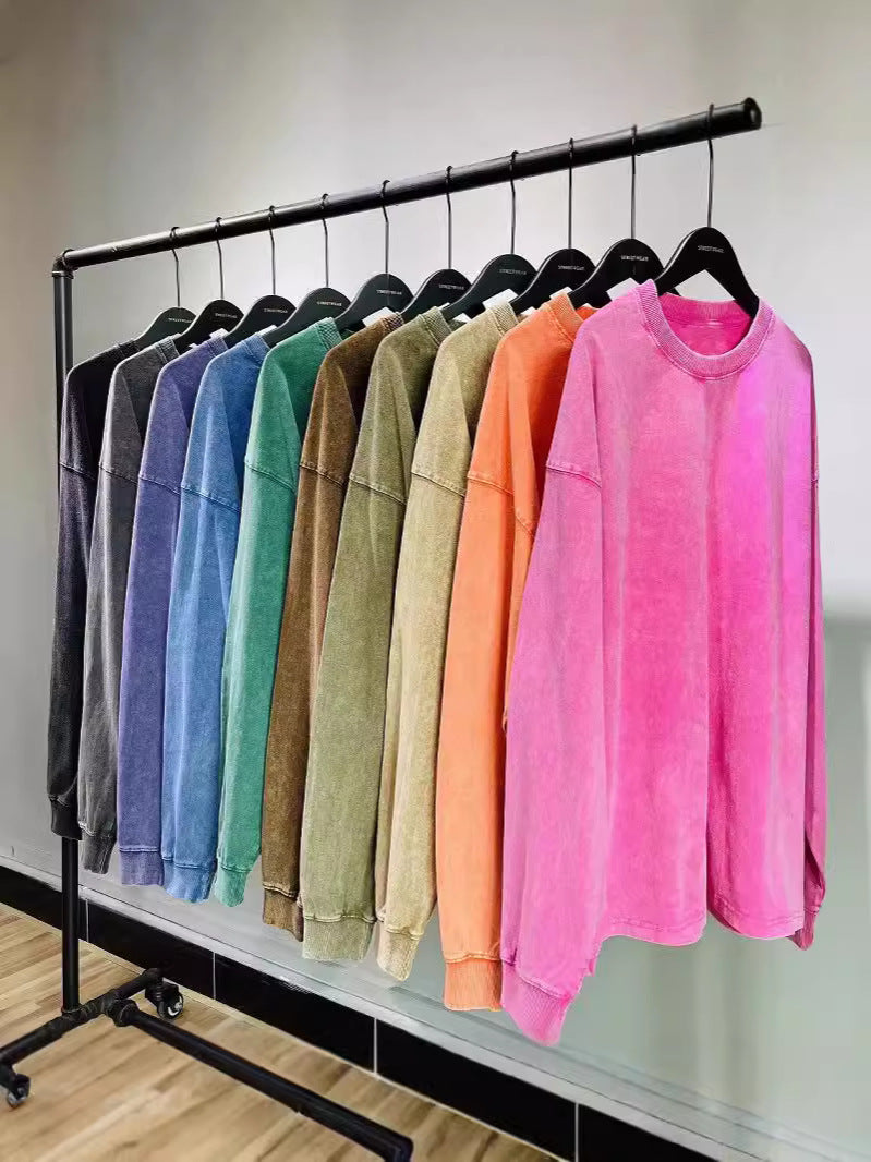 Camiseta holgada informal de manga larga con cuello redondo y color liso para mujer