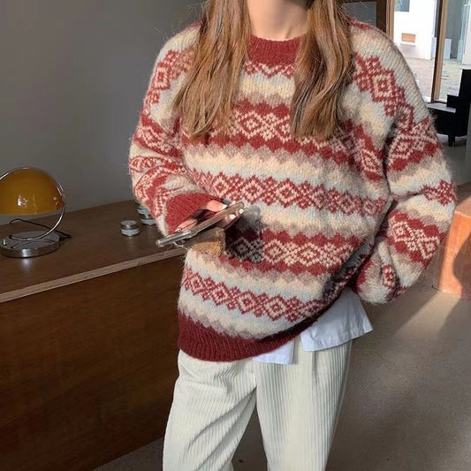 Loose Casual Rhomboid Jacquard Women Knitted Winter Autumn Sweater