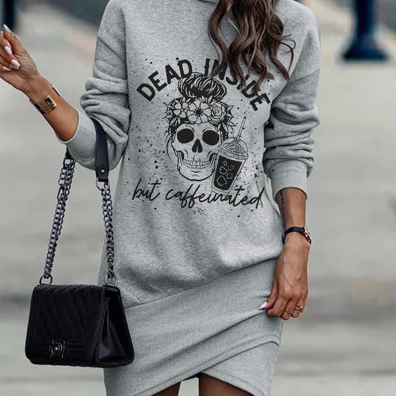 Winter Fashion Women Casual Skull Letter Printed Turtle Neck Long Sleeve Irregular Hemline Dress
