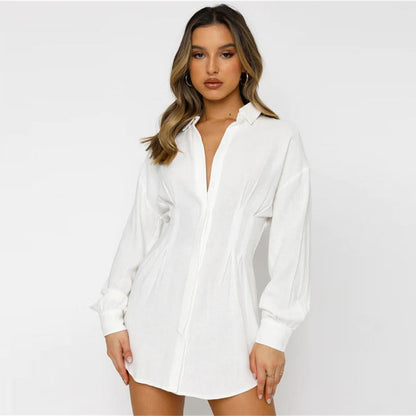 Women Autumn And Winter Solid Color Casual Defined Waist Shirt Dress