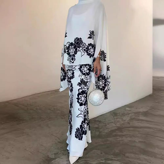 Conjunto de dos piezas formado por top y falda de manga larga, holgado, con estampado floral, color liso e informal, para mujer