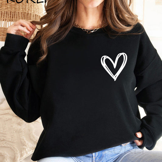 Sudadera informal de otoño e invierno para mujer con forro polar y cuello redondo con estampado de corazón