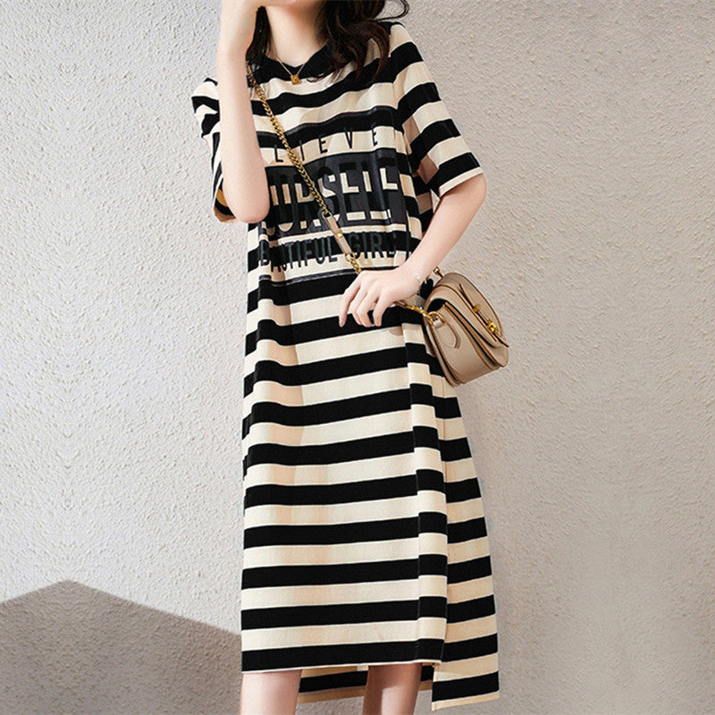 Women Fashion Casual Stripe Printing Short Sleeve Loose Dress