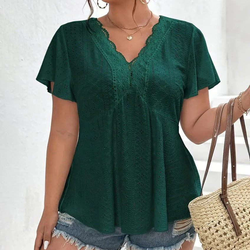 Camiseta holgada informal de manga corta con escote en V y talla grande para mujer