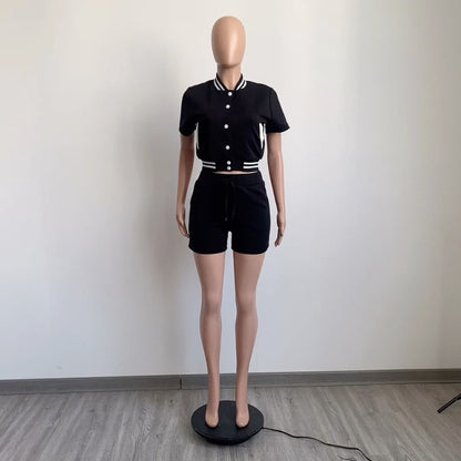 Conjunto de dos piezas de uniforme de béisbol y pantalones cortos de manga corta con botonadura sencilla para mujer, estilo deportivo e informal