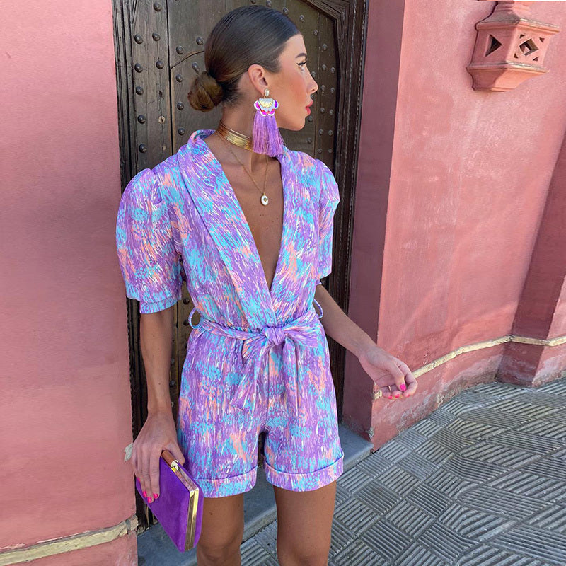 Women Fashion Casual Deep V-Neck Lapel Puff Sleeves Printing Bandage Rompers