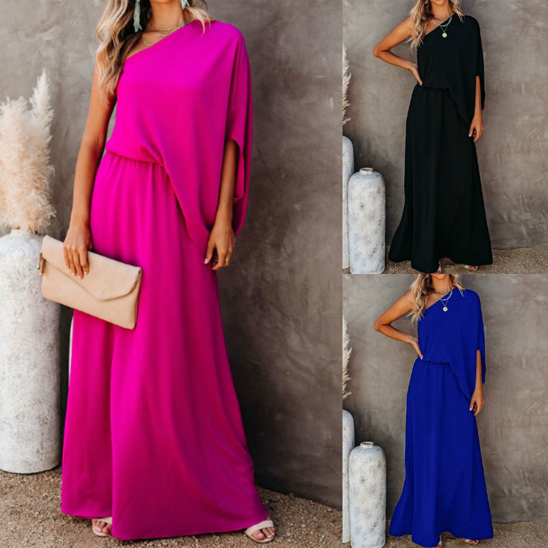 Summer Fashion Women Solid Color Oblique Collar Strapless Temperament Casual Long Dress