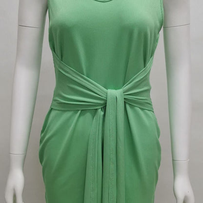 Summer Women Casual V-Neck Solid Color Sash Knotted Sleeveless Tank Dress
