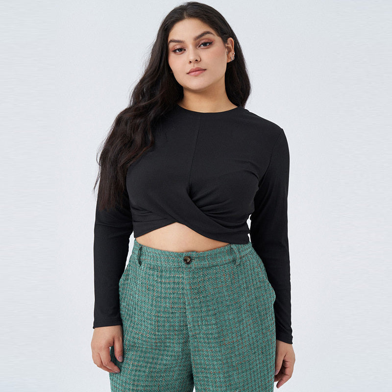 Women Fashion Casual Solid Color Long Sleeve Plus Size Crop Top