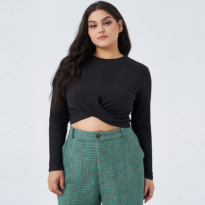 Women Fashion Casual Solid Color Long Sleeve Plus Size Crop Top