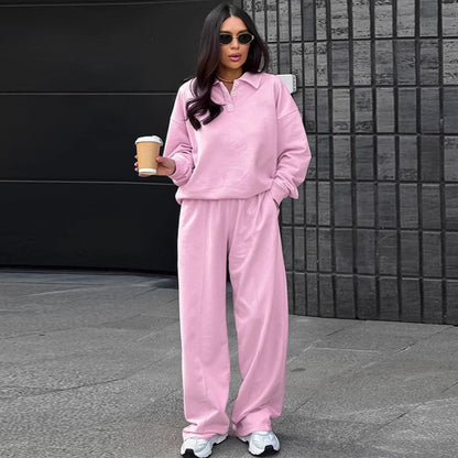 Conjunto informal de dos piezas con forro polar de color liso para mujer