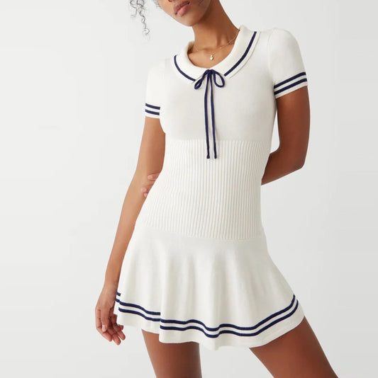 Vestido de verano para mujer, estilo universitario, informal, de manga corta, tejido a rayas, con cuello polo