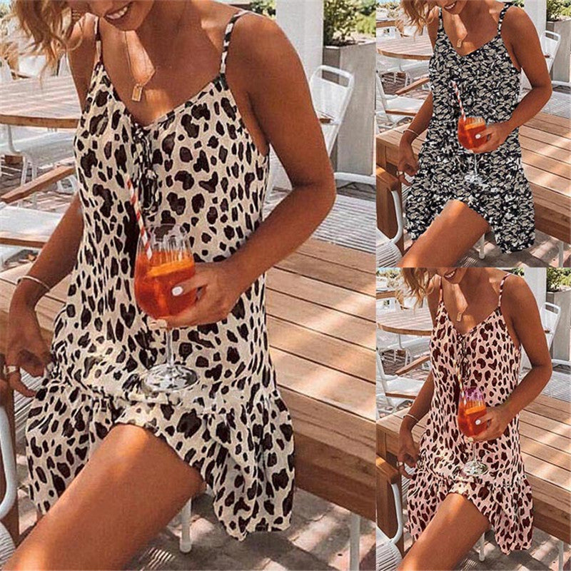 Vestido mini informal, sexy, con estampado de leopardo, holgado, bohemio, de verano para mujer