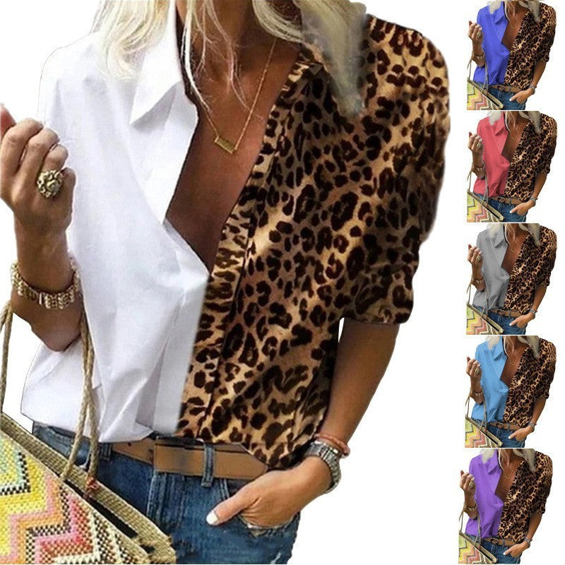 Women Casual Office Long Sleeve Shirt Leopard Print Contrast Loose Chiffon Blouse