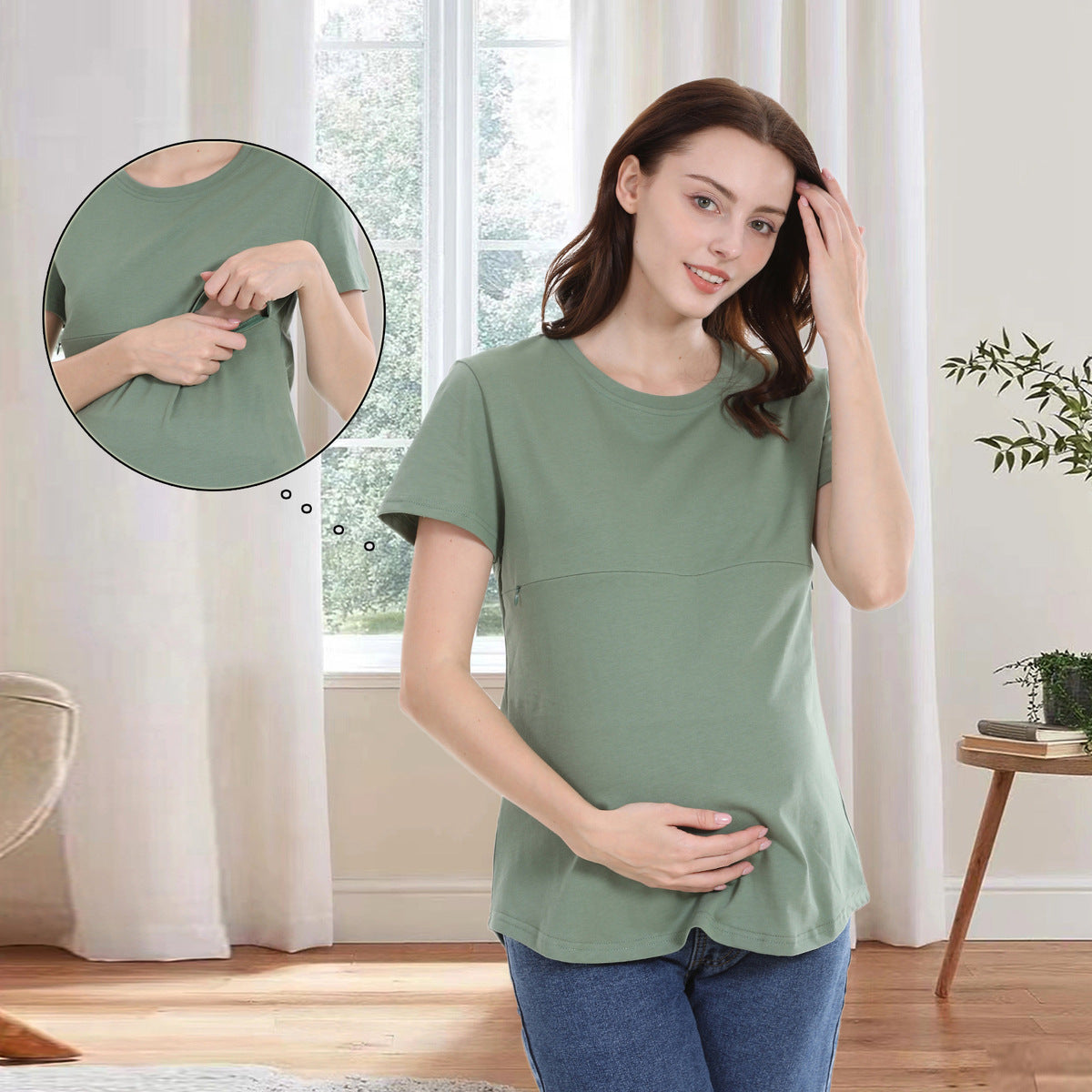 Camiseta informal de algodón de manga corta con cremallera para mujer embarazada y lactante
