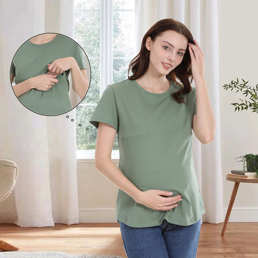 Camiseta informal de algodón de manga corta con cremallera para mujer embarazada y lactante