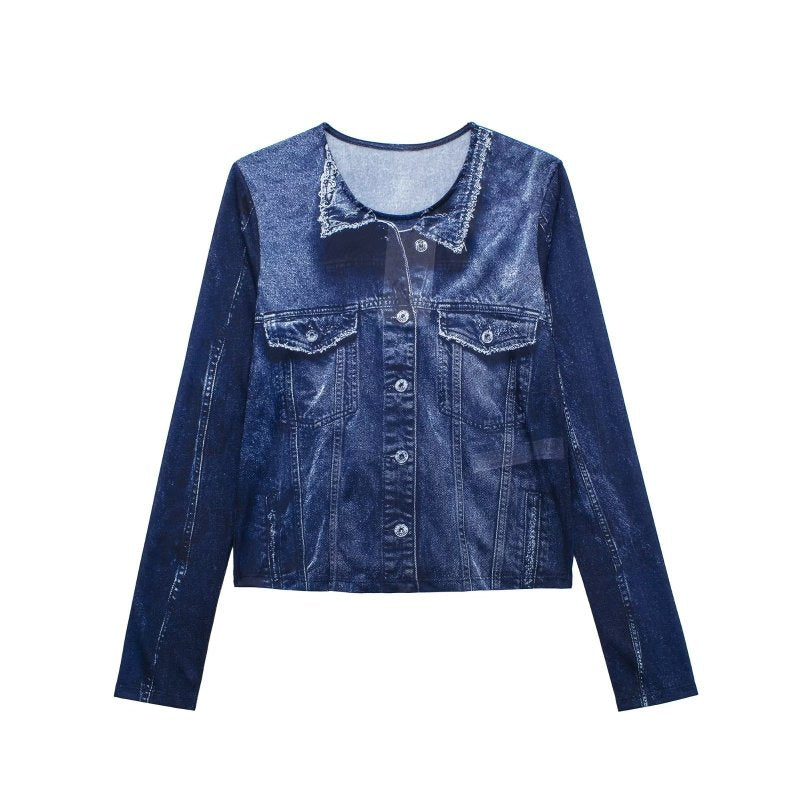 Chaqueta vaquera informal de manga larga con solapa y botonadura sencilla para mujer