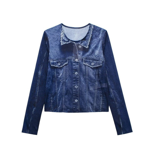 Chaqueta vaquera informal de manga larga con solapa y botonadura sencilla para mujer