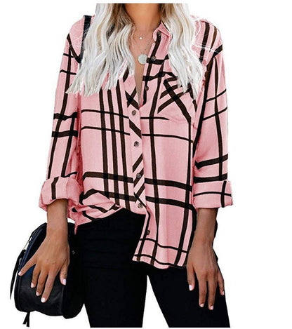 Camisa informal de manga larga con estampado a cuadros y solapa para mujer