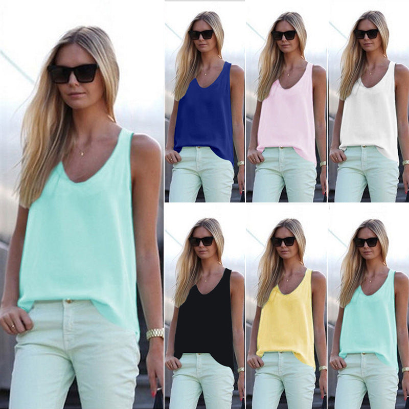 Women Casual Chiffon Solid Color Sleeveless U-Neck Tanks