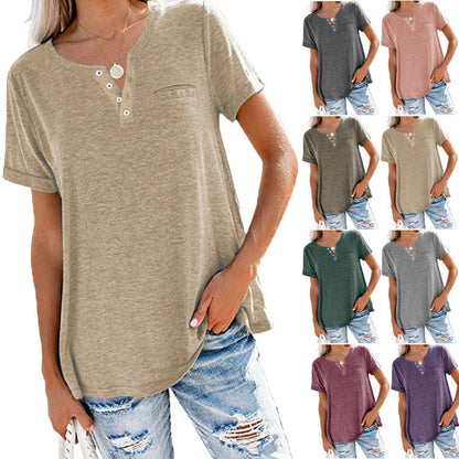 Spring And Summer Women V-Neck Solid Color Casual Women T-Shirt