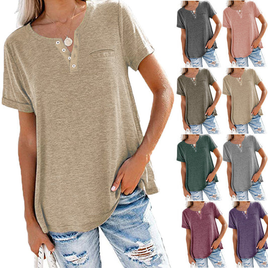 Spring And Summer Women V-Neck Solid Color Casual Women T-Shirt