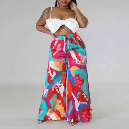 Women Fashion Casual Plus Size Graphic Printed Staggy Waist Lace-Up Wide-Leg Pants