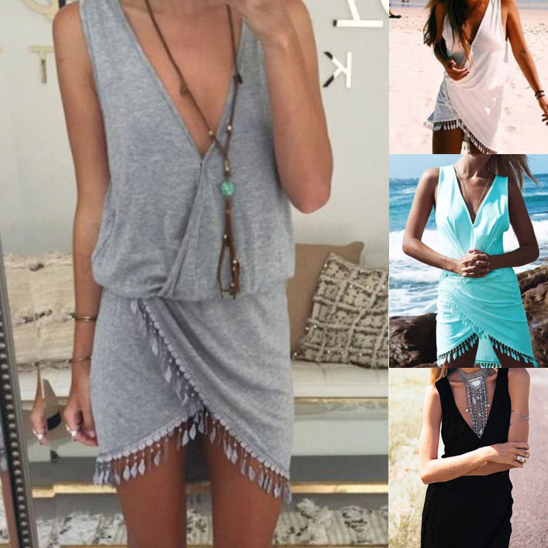 Women Casual V Neck Beach Tassel Solid Color Sleeveless Summer Dress