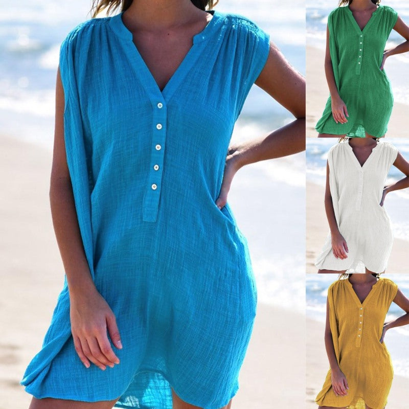 Summer Women Solid Color Fashion Casual V-Neck Button Sleeveless Dress
