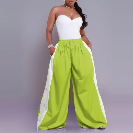 Women Fashion Casual Color-Matching Drawstring Wide-Leg Pants
