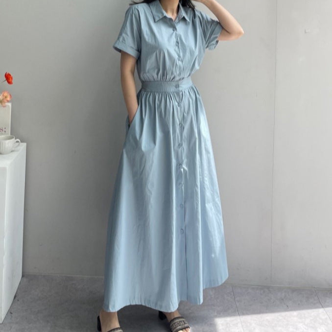 Women Casual Solid Color Loose Lasel Single-Breasted Long Shirt Dress