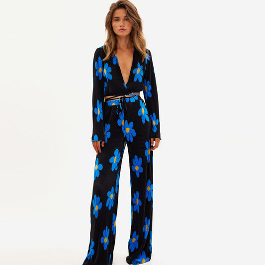 Conjunto de pantalones de manga larga con escote en V profundo y estampado floral informal a la moda para mujer