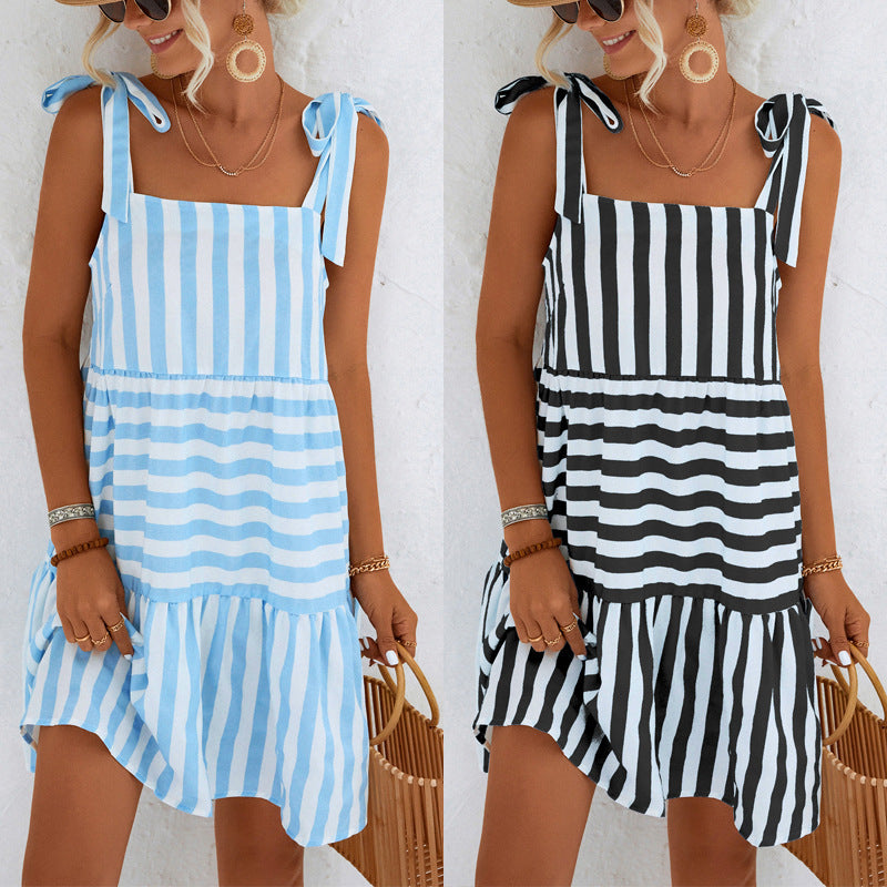 Women Casual Vacation Summer Color Blocking Stripe Lace-Up Loose Dress