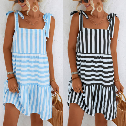 Women Casual Vacation Summer Color Blocking Stripe Lace-Up Loose Dress
