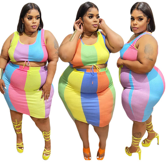 Women Summer Casual Multicolor Sleeveless Crop Top And Skirt Set