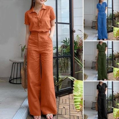 Conjunto de dos piezas de top y pantalón de manga corta con solapa y color liso informal para mujer
