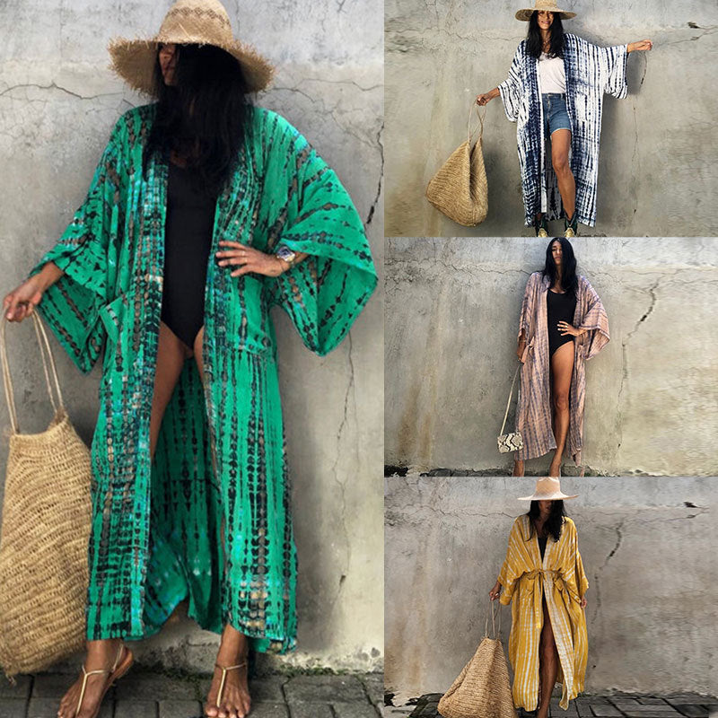 Traje de baño de bikini de playa de manga larga holgado con estampado para mujer, traje de baño informal para vacaciones