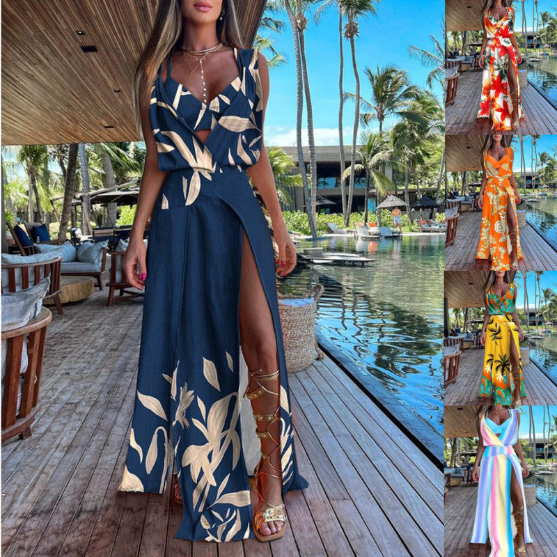 Vestido largo informal de moda para mujer, con estampado floral, sin mangas y abertura lateral