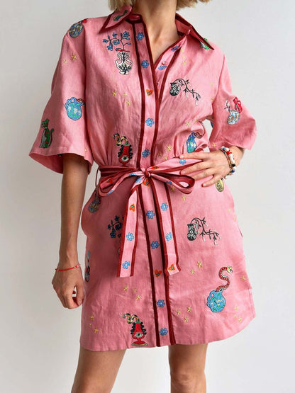 Vestido informal de lino con estampado de solapa y manga corta con cordones para mujer