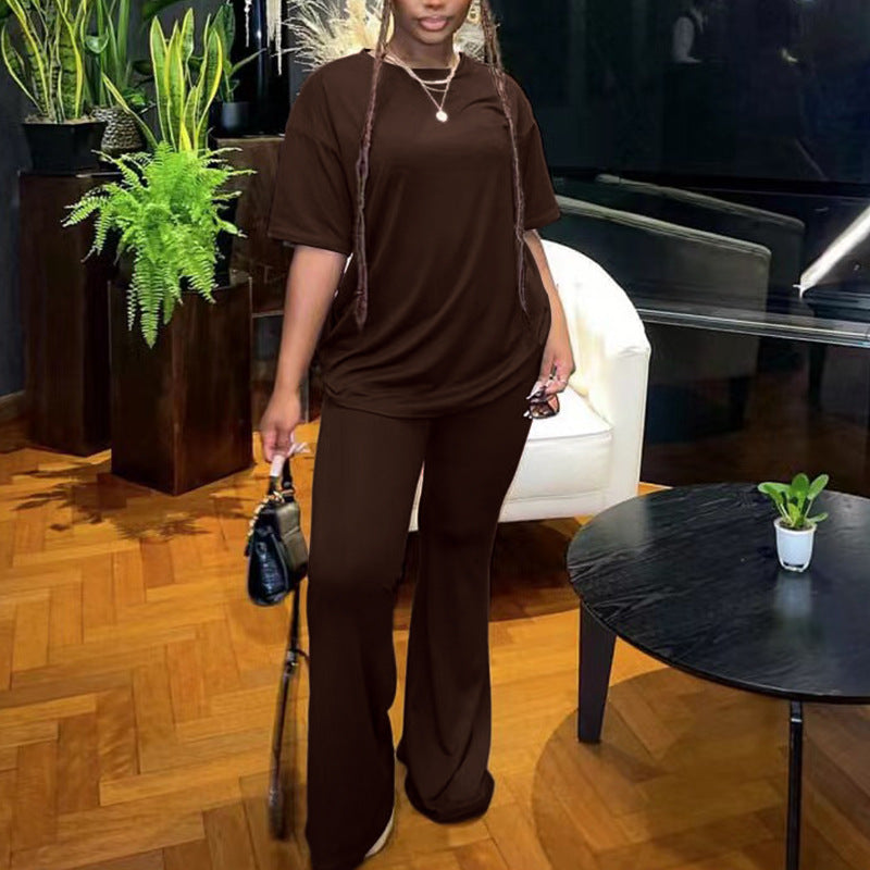 Conjunto de dos piezas de camiseta holgada informal de color liso para mujer, pantalones de pierna ancha