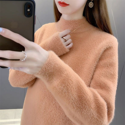 Suéter de felpa grueso y suelto con cuello medio alto de color liso informal a la moda para mujer