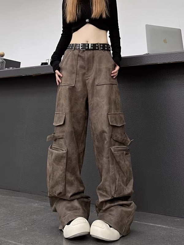 Casual Street Women Vintage Suede Biker Straight Leg Pocket Cargo Pants